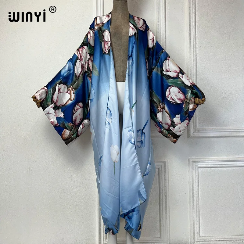 WINYI summer outfit kimono africa Flower print beach cover up free size dress cardigans beach wear women 2024 abaya dubai luxury