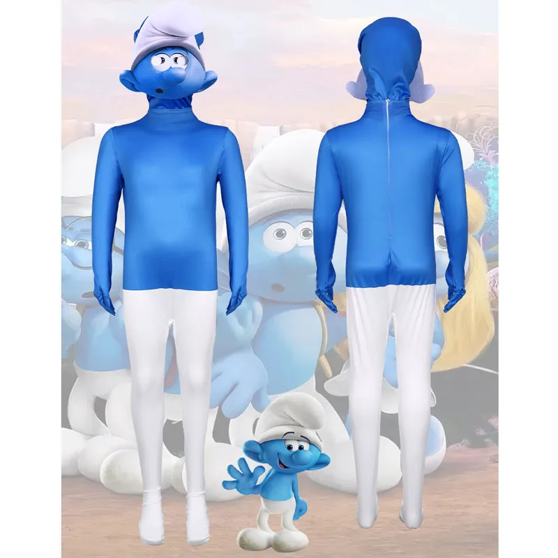 Disfraces de Halloween de dibujos animados de los murfos, monos completos azules y blancos con tocado para adultos y niños Unisex