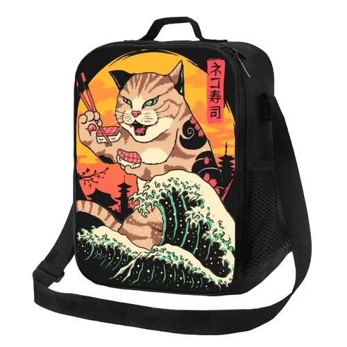 네코 스시 웨이브 단열 도시락 가방, 학교 사무실용, 일본 레트로 웨이브 고양이 쿨러, 보온 도시락 상자, 여성 및 어린이 