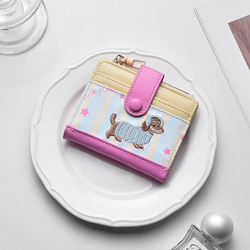 Cute Embroidered Dachshund Short Card Holder, Portable Multi-slot Coin & Bank Card Storage Purse for Girls