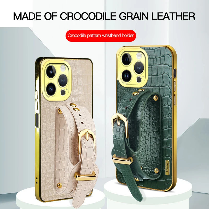 Capa de telefone de couro padrão de crocodilo para iphone 16e 16 pro max à prova de choque silicone macio capa traseira com suporte alça de pulso