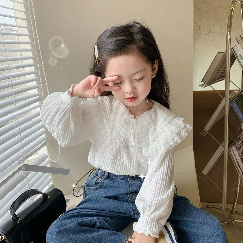 

Girls White Shirt Spring and Autumn 2025 New Style Versatile Lace Long Sleeved Top Sweet and Cute Temperament