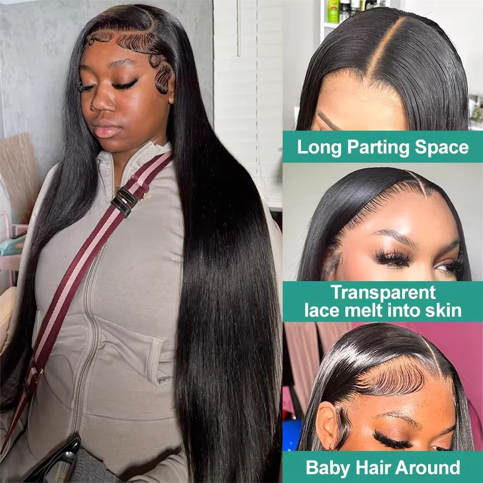 40 Inch Black Straight Human Hair Wigs 13x6 HD Lace Frontal Wig PrePlucked 250% Density  360 Lace Front Straight Human Hair Wigs