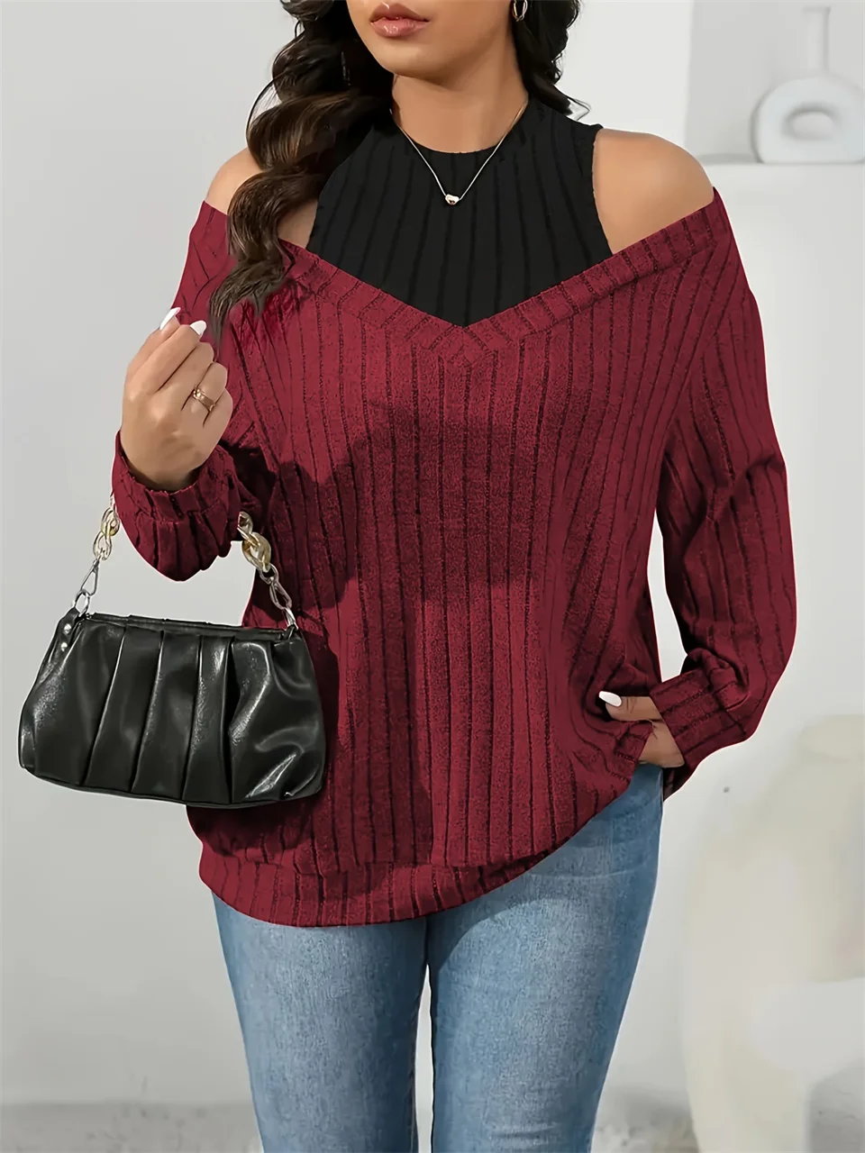 GIBSIE حجم كبير الكتف البارد 2 في 1 الضلع متماسكة المحملة المرأة 2025 ربيع الخريف عادية فضفاض س الرقبة طويلة الأكمام تي شيرت الإناث