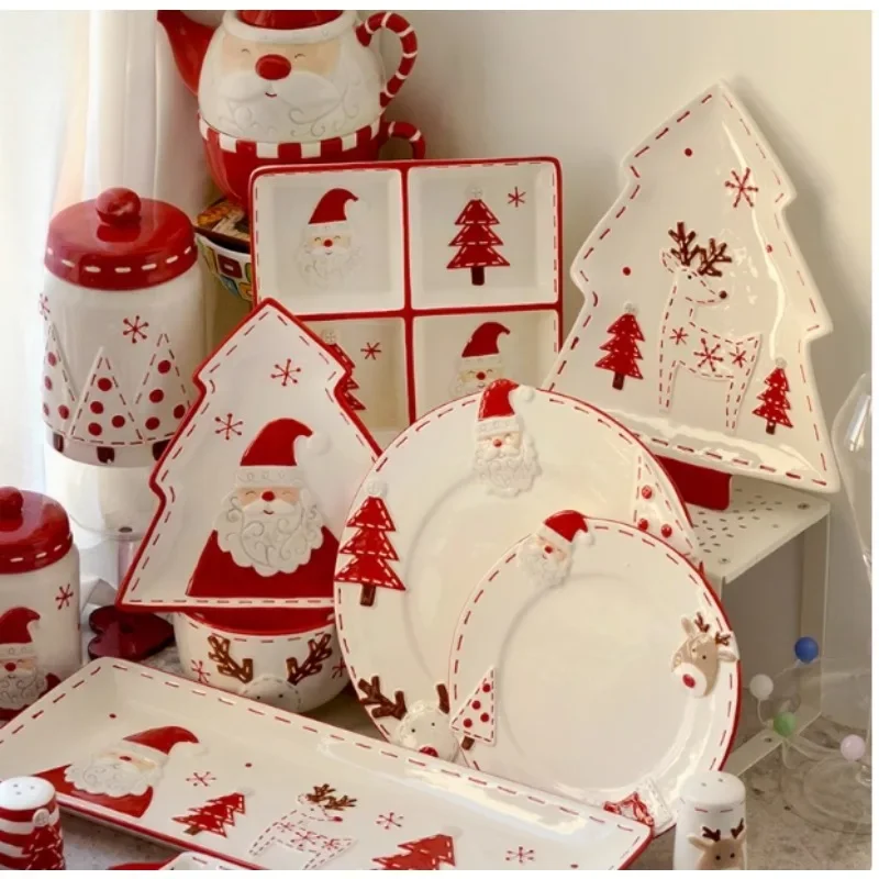 Christmas Hand-painted Ceramic Tableware Set Cute Christmas Steak Plate Embossed Underglaze Color Flat Plate