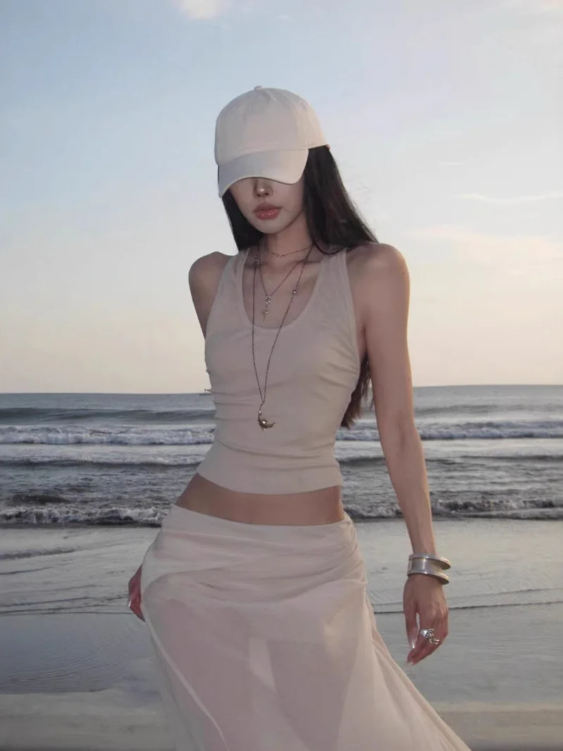 

Летний новый модный повседневный спортивный комплект для женщин: сексуальный топ-жилет с U-образным вырезом и длинные брюки/юбка в стиле Vaion Theme i Color