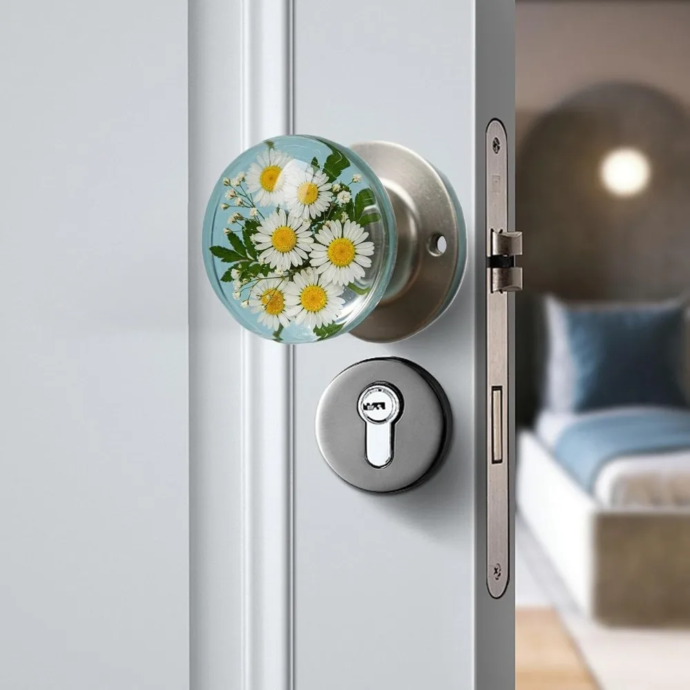 Dried Daisy Resin Door Knob, Clear Sphere Epoxy Floral Cabinet Pull Handle for Bedroom Closet Wardrobe Home Decor