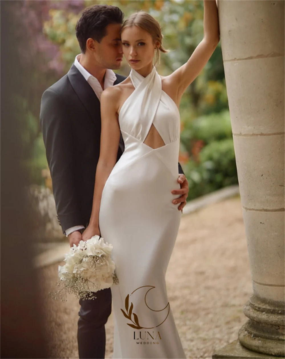 Luna Modern Criss-Cross Halter Pleat Mermaid Wedding Dress Women Sleeveless Open Back Bridal Gown Vestidos De Novia Customized