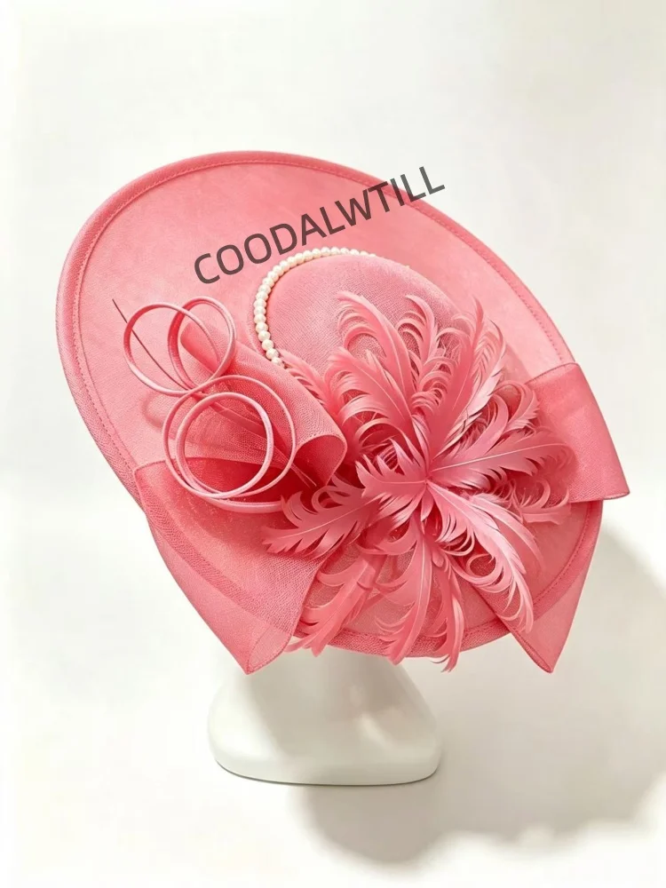 Hot Pink Large Fascinator Hat Women Feather Pearl Decor Royal Ascot Horse Race Derby Wedding Church Cocktail Party Millinery view 5