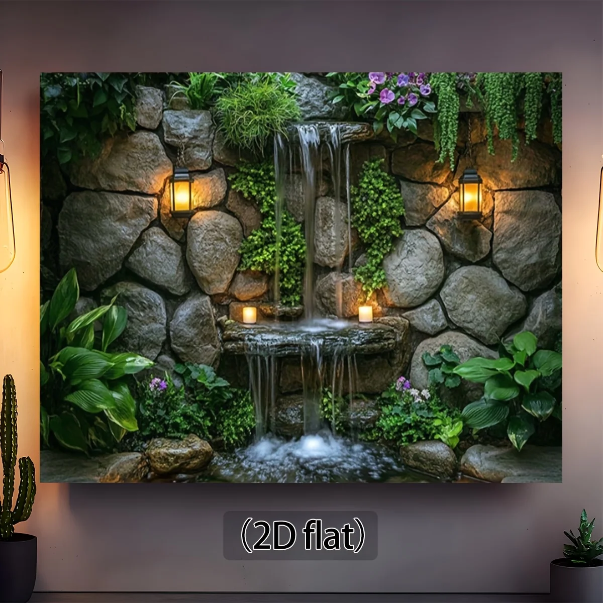 Stone Waterfall Tapestry, Lush Greenery Nature Scene Wall Art for Garden Party Decor and Indoor Outdoor Event Background