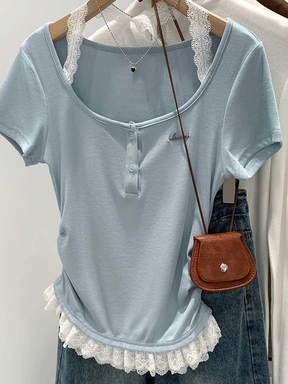 스파이시 걸 레이스 패치워크 오르트 스페이 티셔츠 여성 여름 네이징 벨트 디자인 슬리밍 탑 한국 스타일 출퇴근룩