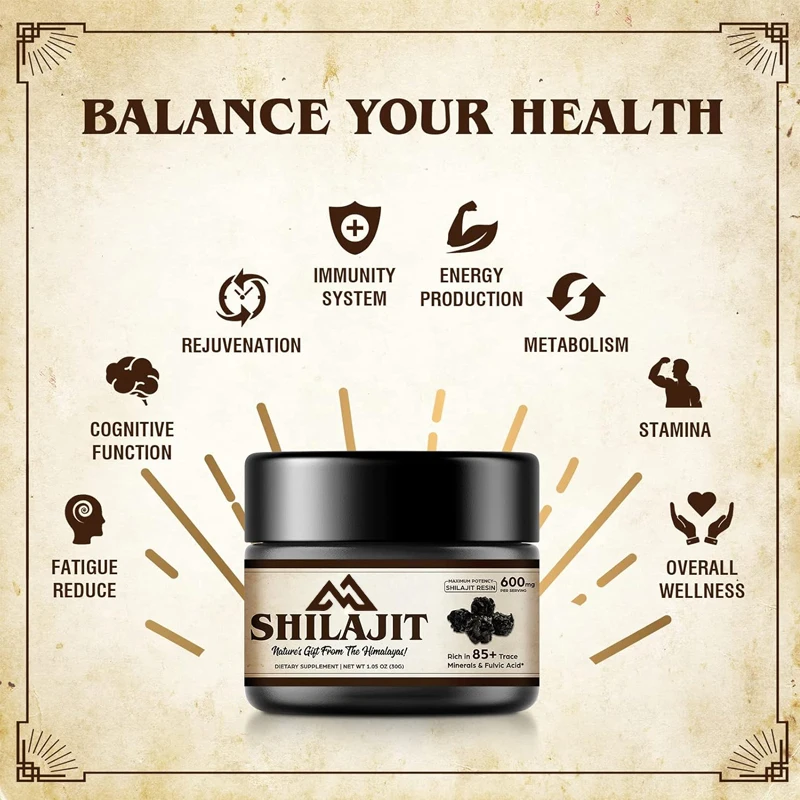 Himalaya Organic Natural Shilajit Resin, containing over 85 trace minerals and fulvic acid, provides energy, immune support, 30g