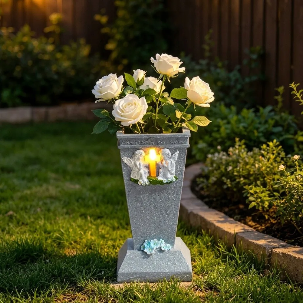 Elegant Resin Memorial Angel Flower Vase Weather‑Resistant Graveside Floral Holder For Cemetery Remembrance Decoration