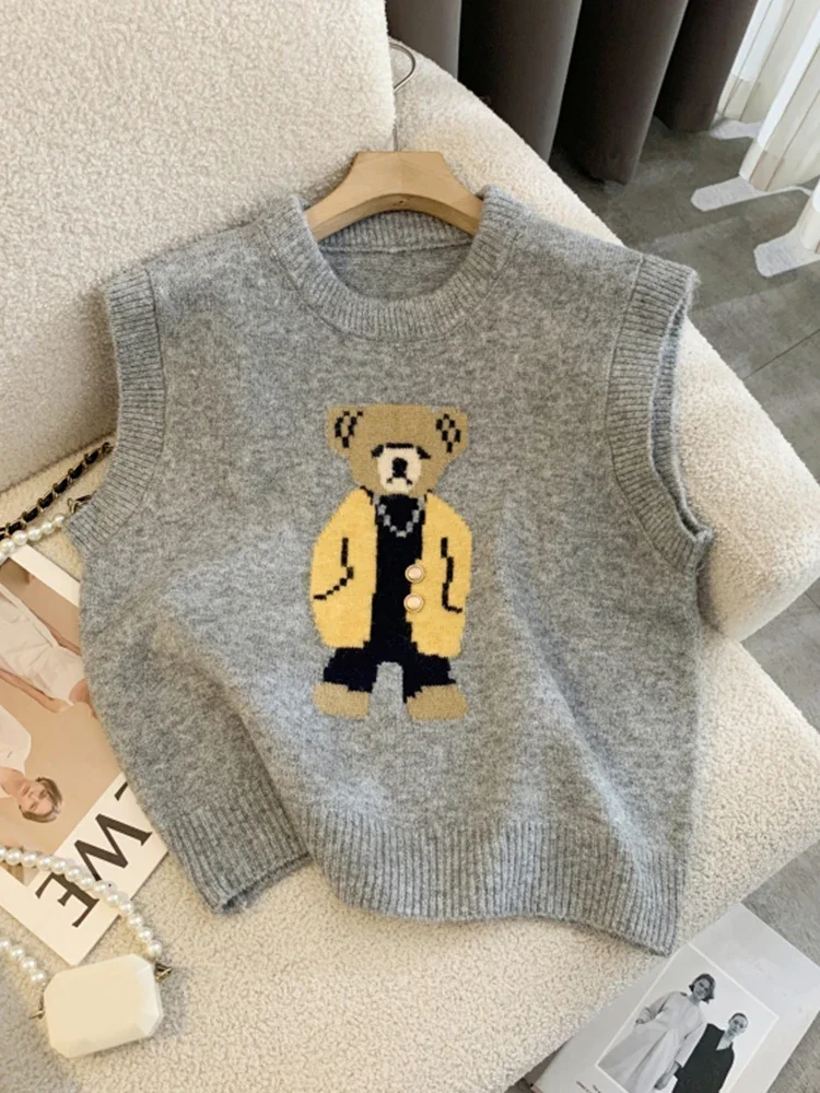 Novo 2024 sem mangas camisola feminina o pescoço dos desenhos animados urso de malha pulôveres e suéteres femininos moda coreana topos camisa