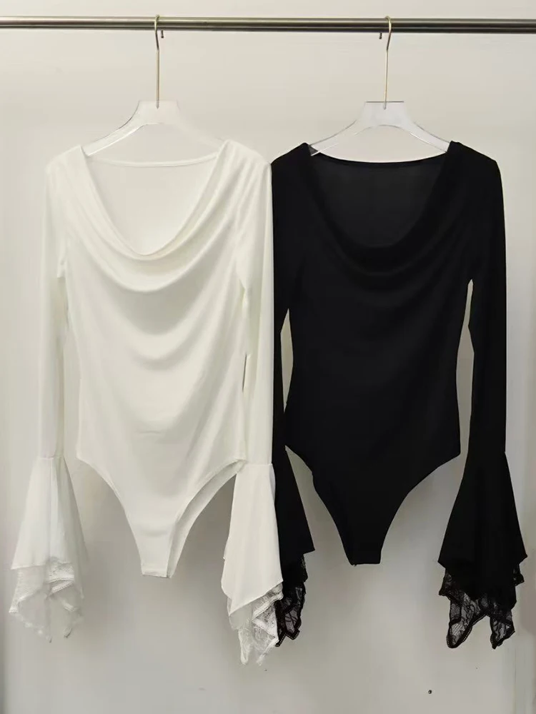 Solid Color Bell Sleeves Spliced ​​Lace Pile Collar Knitted Jumpsuit 2026 Autumn Women's Clothing Fashion Versatile Sexy Tights
