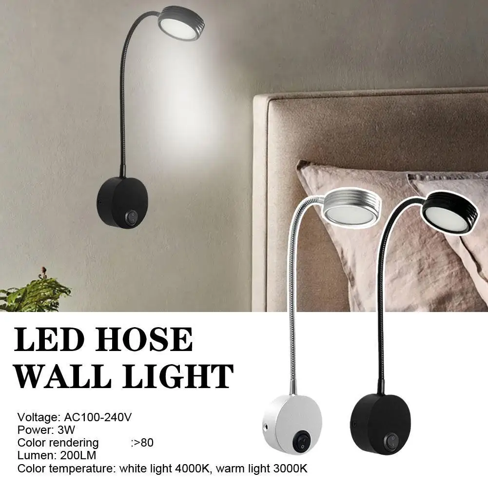 

3W Wall Mounted Reading Light Flexible Gooseneck LED Sconce Lamp with EU/US Plug & Switch for Bedroom Office Workbench Studio