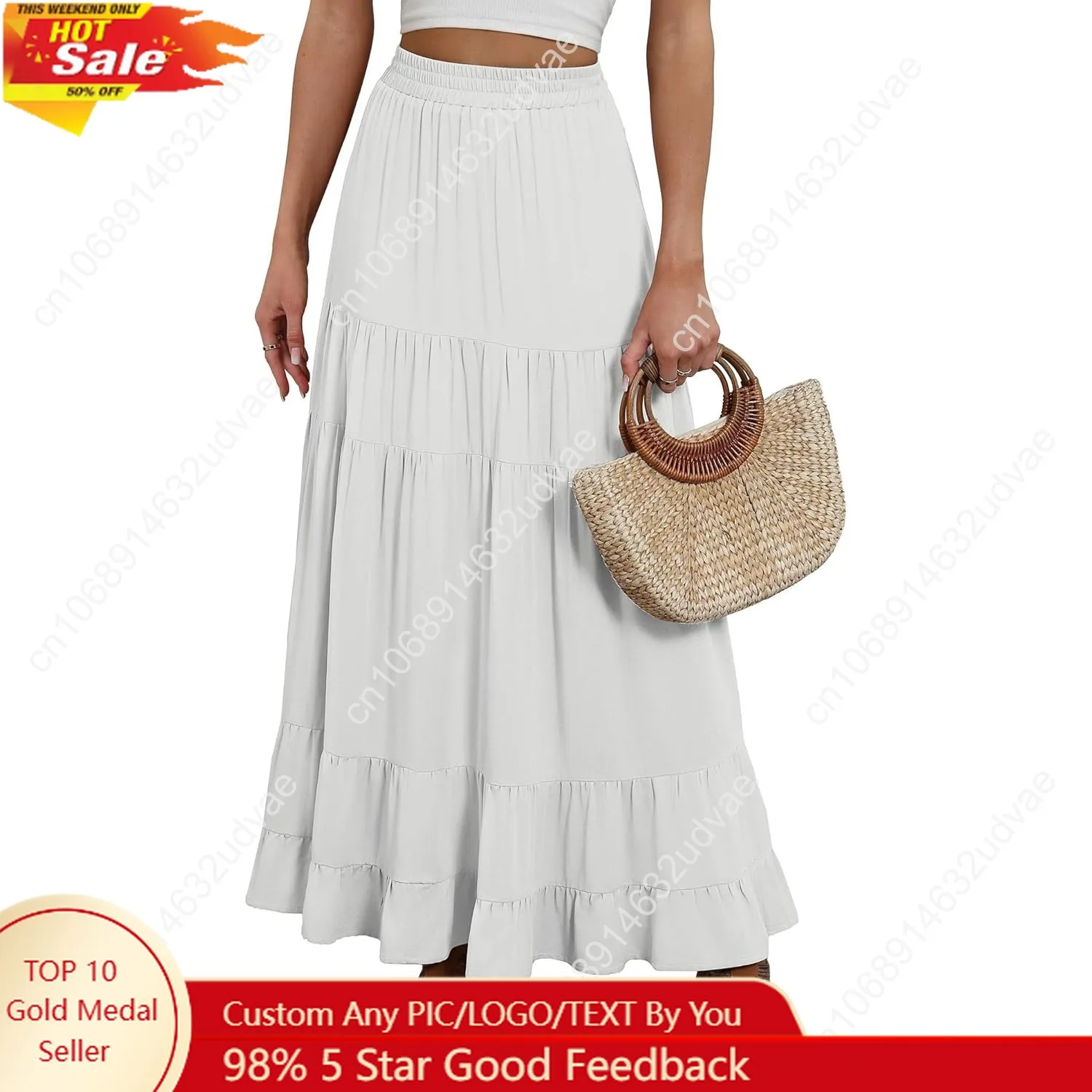 

Womens Maxi Skirt Elastic High Waist Swing Tiered A-line Flowy Pleated Boho Beach Vacation Long Skirts