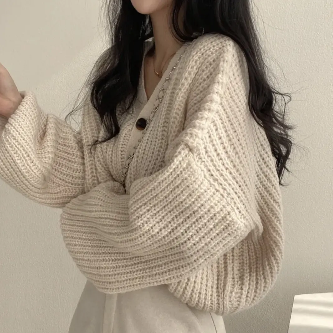 Granny Sweater Cardigan Women Comfy V-neck Button Front Chunky Knit Jacket Dusky Pink Fall Winter Casual Basic Knitwear