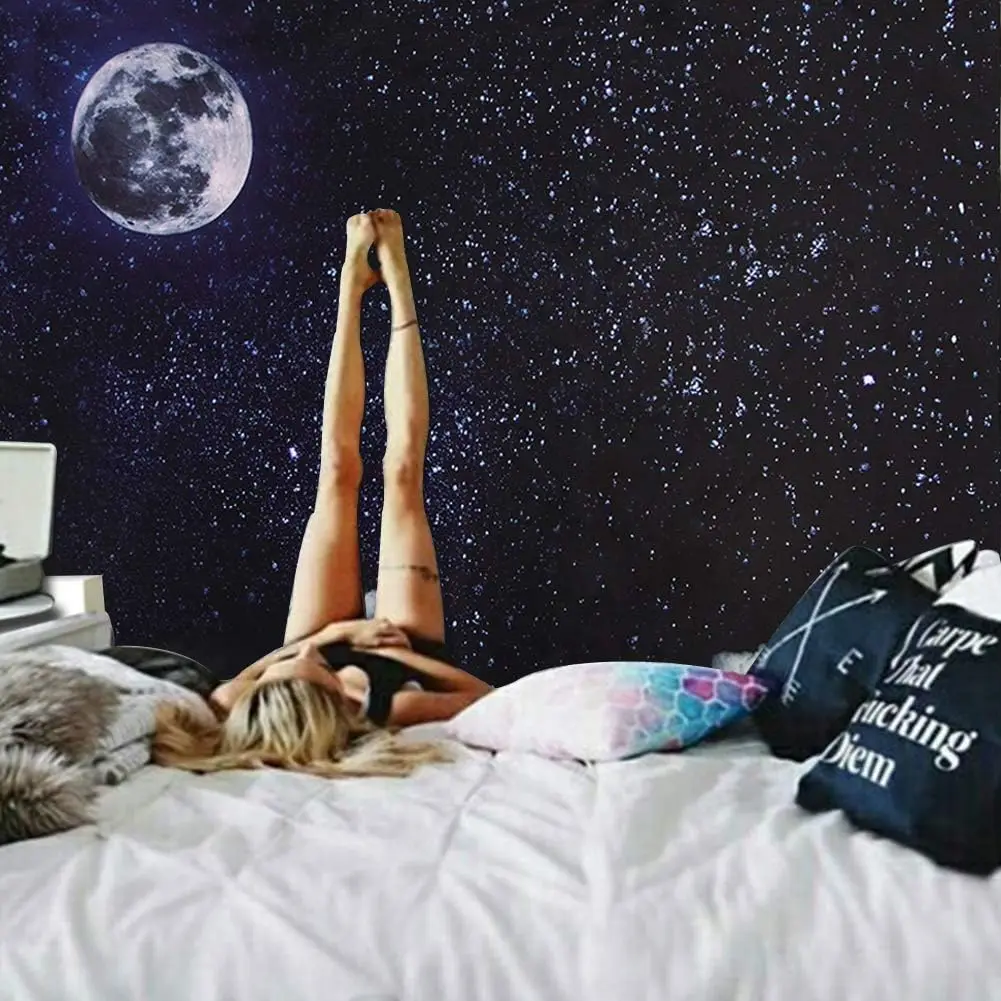 black and white Moon Stars Wall Tapestry Wall Hanging Outer Space and Galaxy Tapestry Night Sky with White Cloud Home Decor for