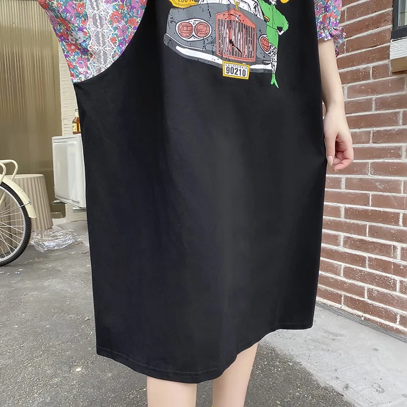 جديد الصيف كوريا فستان امرأة فضفاضة Vestidos رداء Elbise موضة المرقعة الطباعة الركبة طول فساتين طويلة