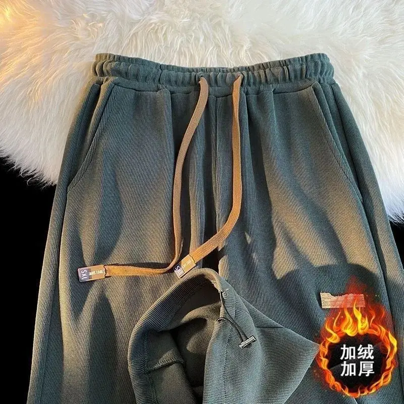 Autumn Winter Corduroy Sports Pants Men American Fashion Plus Velvet Thickened Straight Loose Drawstring Ties Casual Pants