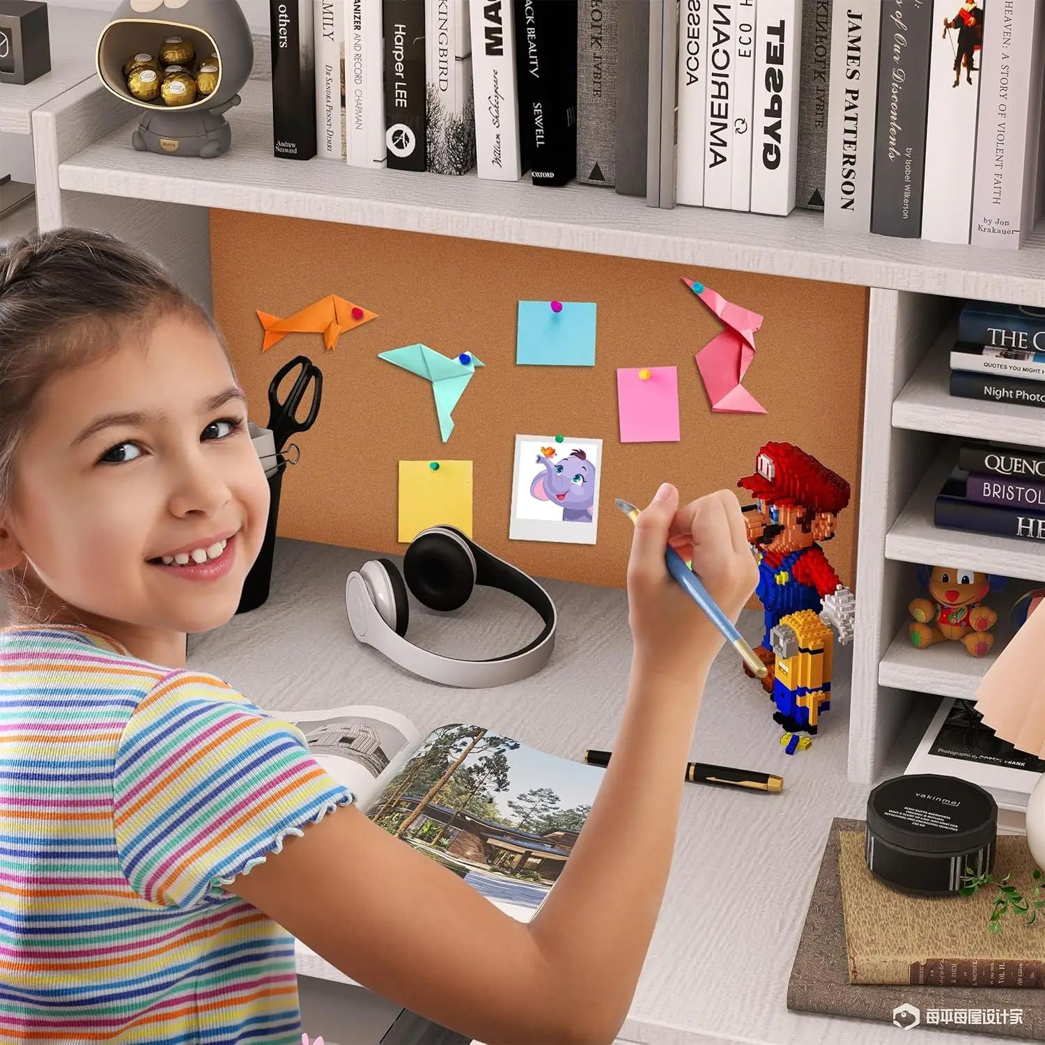 Ensemble bureau et chaise pour enfants de 5 à 12 ans, bureau d'ordinateur pour enfants avec 4 sorties de proximité, table d'étude pour enfants avec Shelf-A01C65 de rangement