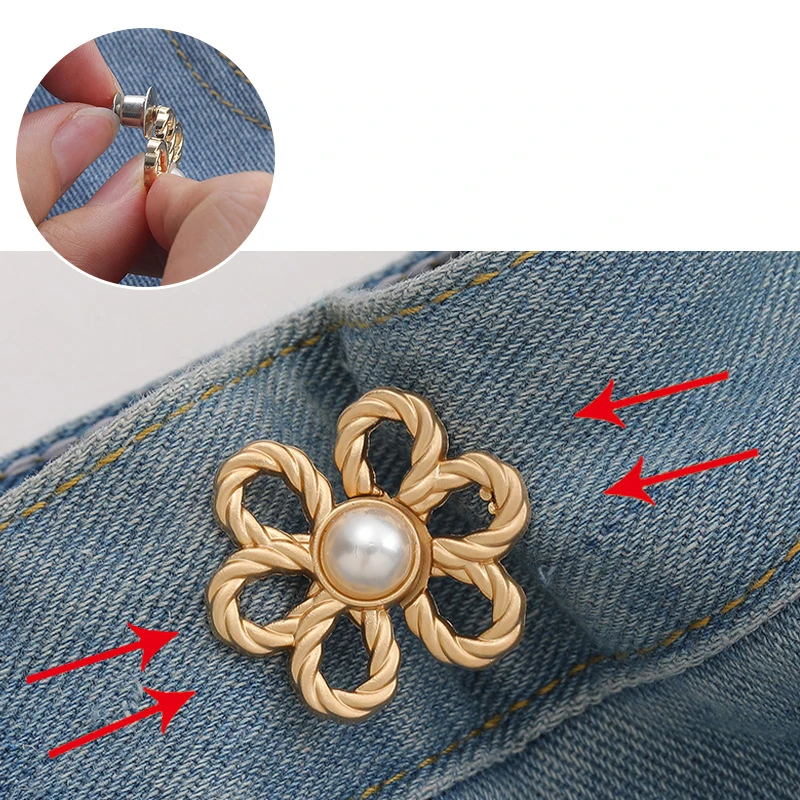 Gaun Jeans kancing DIY, klip pengencang pinggang kancing DIY, jahit dapat disesuaikan gesper pinggang bunga mutiara palsu modis