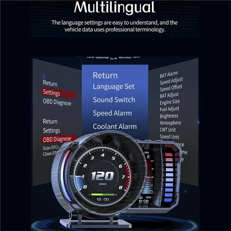 OBD+ GPS+ RGB Gesture Recognition HUD On-Board Computer For Car Windshield Speedometer Speed Turbo For Car Fault Monitoring