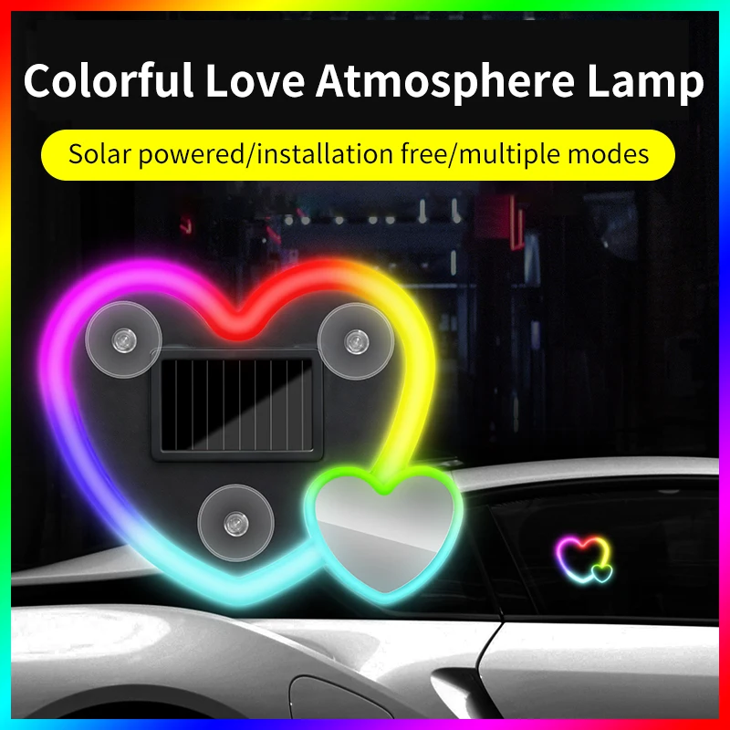 Car solar energy double heart-shaped atmosphere lamp triangular window peach heart seven-color lamp love neon lamp colorful flow