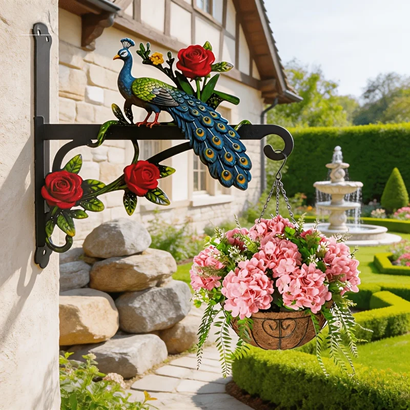 Peacock Rose Wreath Themed Wrought Iron Outdoor Hanging Bracket, Brightly Colored, Beautiful and Practical