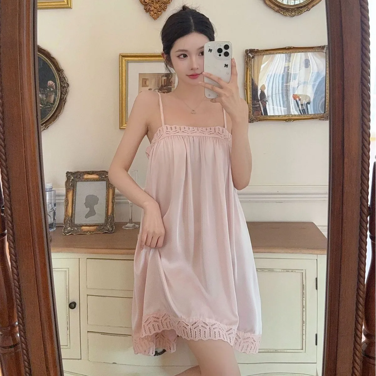 

Lady Sexy Ice Silk Satin Lace Trim Nightgown Robe V-Neck Women's Loungewear Bathrobe Kimono Nightdress Set