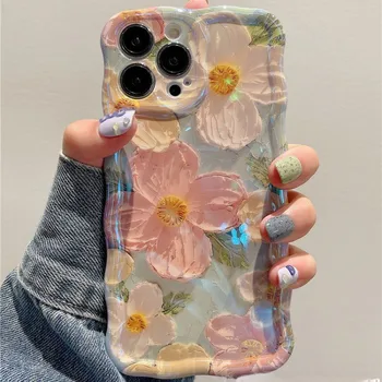1 יחידה תיקיות טלפון מעוצבות עם ציור שמן לייזר פרחים לאייפון 16 15 14 13 12 11 פרו מקס פלוס