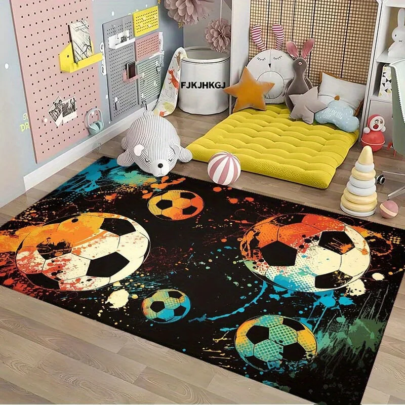Soft Cozy Graffiti Soccer Ball Printed Area Rug Non Slip Washable Floor Mat for  Room Bedroom  Sports Themed Home Decor