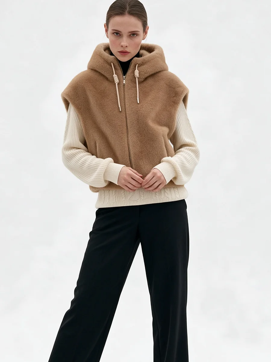 Women Faux Mink Fur Hooded Vest 2026, Drawstring Hood Zip Up Sleeveless Gilet Warm Short Winter Outerwear