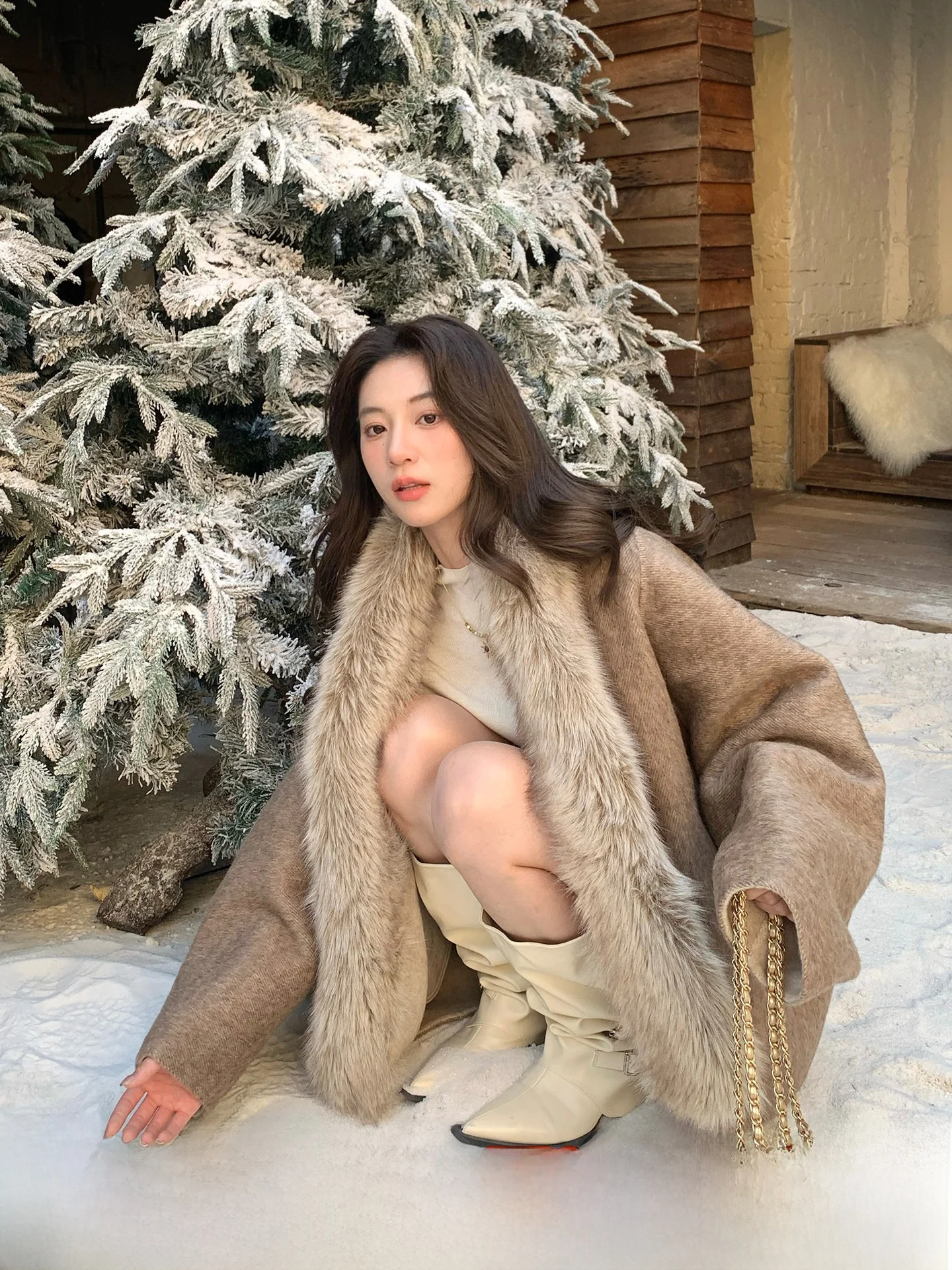 

INON Double-Sided Woolen Coat with Large Fur Collar Women's Loose Fit Luxury Lazy Sle Winter Open Cardigan Outerwear