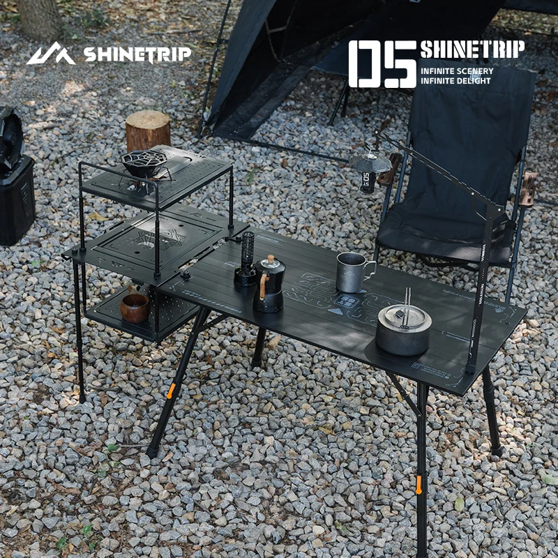 Table de camping tactique SHINETRIP, portable, pliable, réglable en hauteur, montage rapide, modulable, extensible, pour pique-nique, randonnée et barbecue.