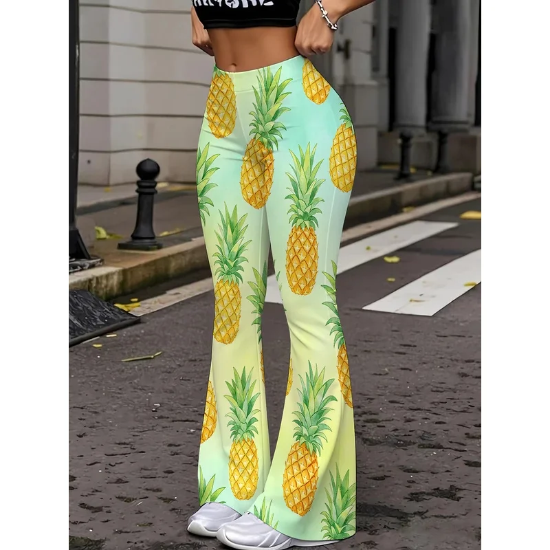 2026 Summer Tropical Fruit Flare Pants Women High Waist Casual Beach Bell Bottom Streetwear Pants
