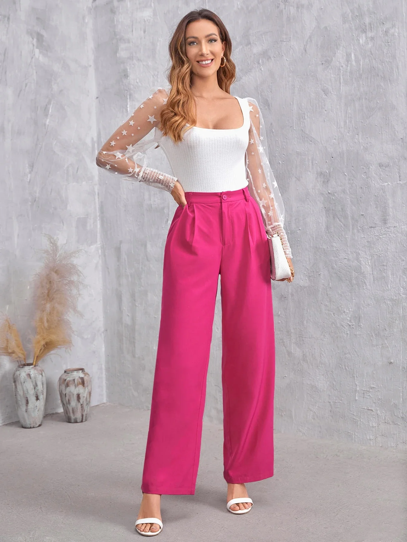 

Solid High Waist Pleated Wide Leg Trousers For Women