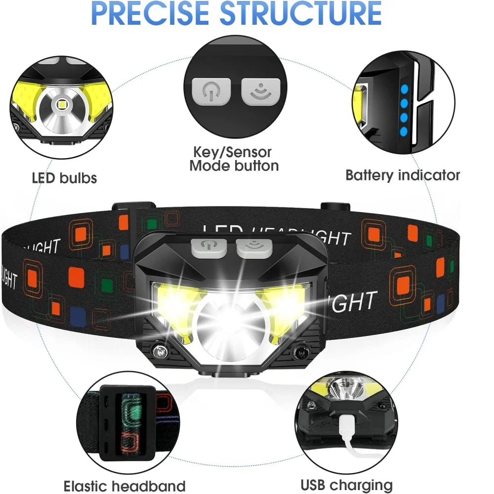 Linterna frontal de 1200 lúmenes, faro LED recargable, luz roja, resistente al agua, Sensor de movimiento, luz de cabeza de pesca