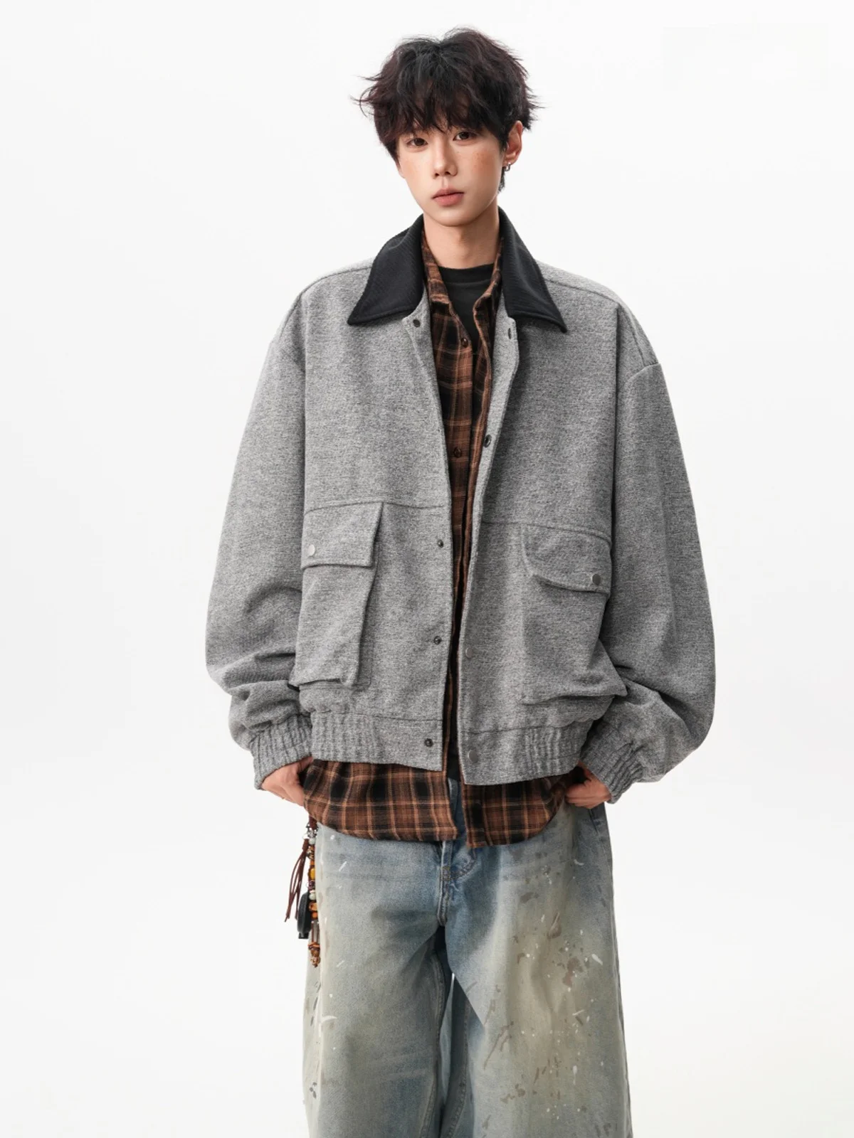 

American Sle Woolen Workwear Jaet ex Winter Retro Faion Brand Turn-down Collar Couple Outerwear High Street Cool Sp...