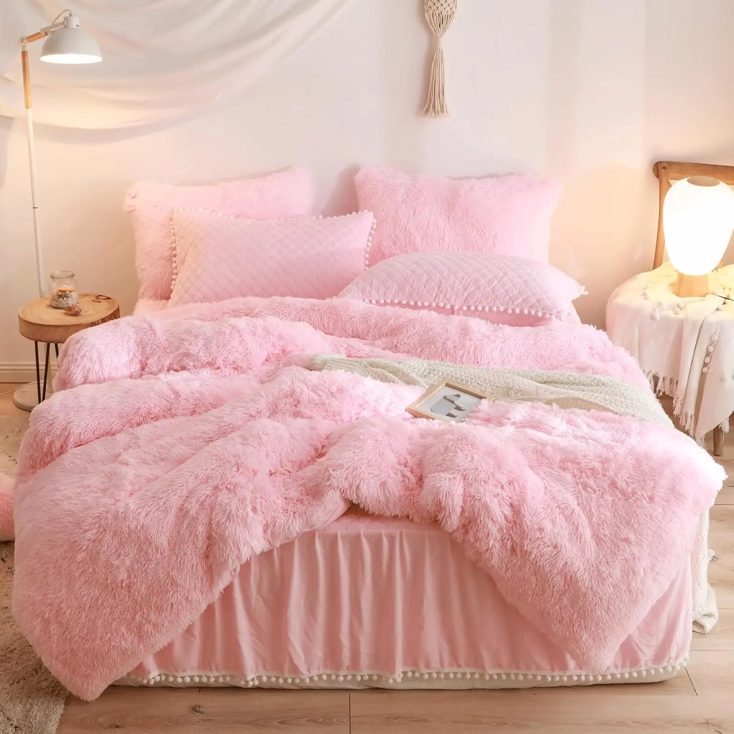 

Fluffy Pink Twin Bedding Set with Faux Fur Duvet Cover and Pillow Cases, Zipper Closure