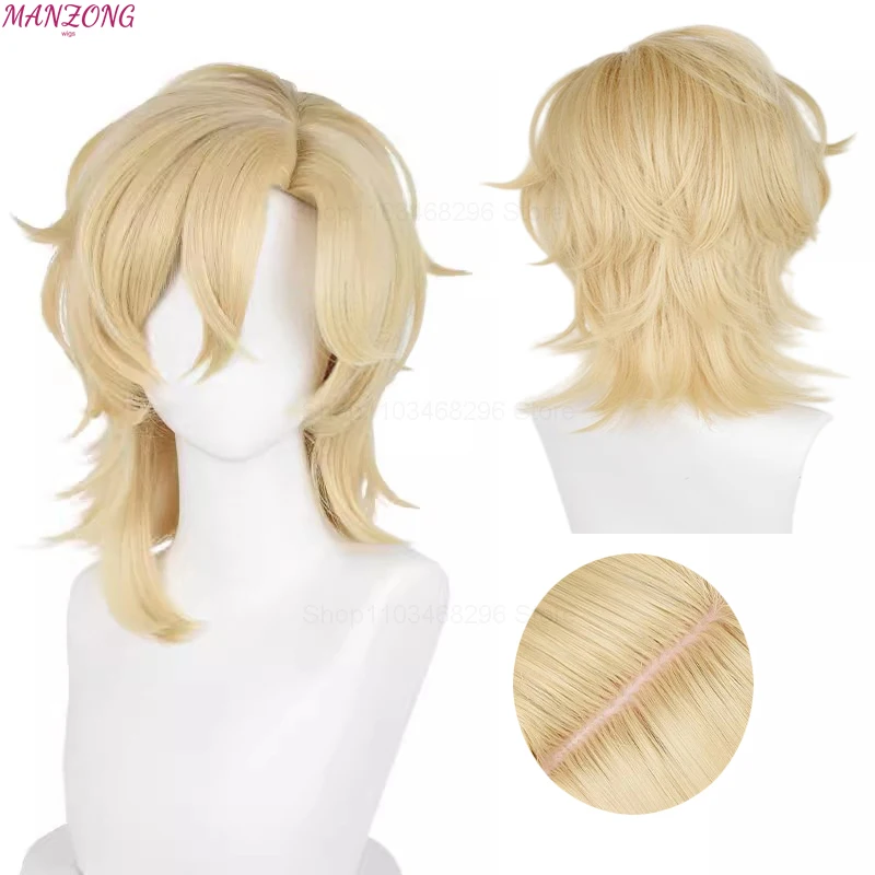 HSR Aventurine Wig Cosplay 40cm, Wig sintetis tahan panas rambut emas terang + topi Wig