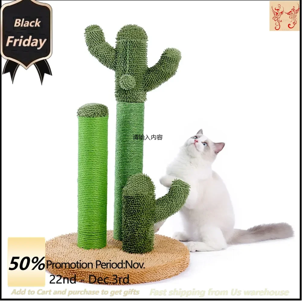 Cat Scratching Post Cactus Cat Scratcher Featuring with 3 Scratching Poles and Interactive Dangling Ball Cat Toys