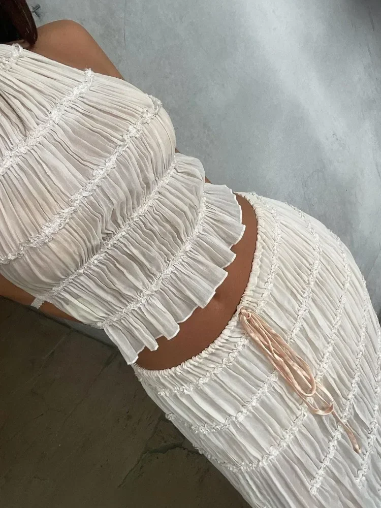 

Bandage Fashion 2 Piece-Set Maxi Skirt Female Ruffled Summer Lace Elegant Streetwear Halter Top And Long Skirt Women Sets