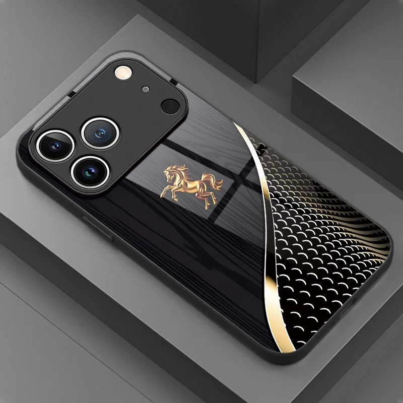 

Golden Jumping Horse Dark Pattern Tempered Glass Phone Case For iPhone 11 12 13 14 15 16 17 Pro Max 17Air 7 8 Plus XR XS X Cover