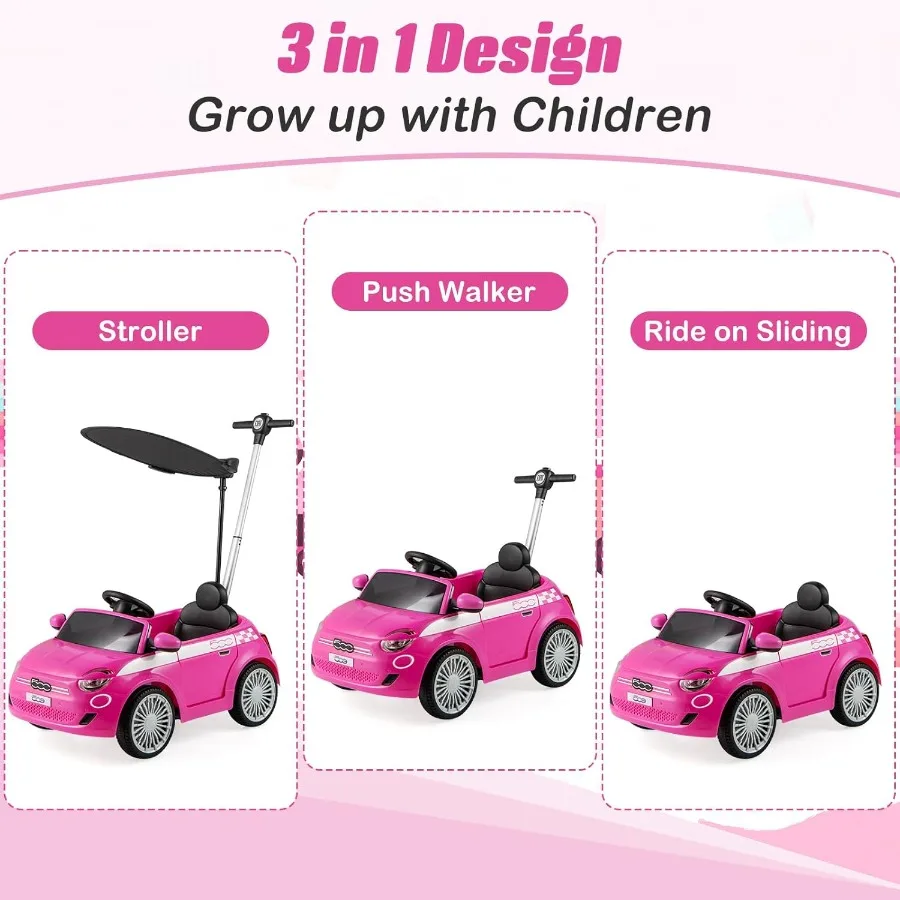 Carro push para crianças 3 em 1 licenciado Fiat 500e bebê deslizante andando com alça de controle de pais dossel ajustável apoio para os pés passeio