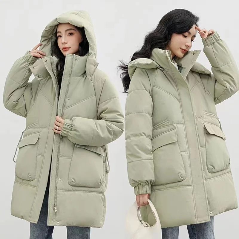 Jaqueta de baixo médio longo com capuz feminino, casaco grosso de algodão, Parkas acolchoados, sobretudo feminino quente, monocromático, casual, inverno, novo, 2023