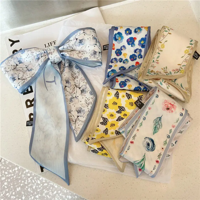 

Romantic flower season pastoral silk scarf tied bag versatile streamer long scarf small fresh Korean floral hair tie headband