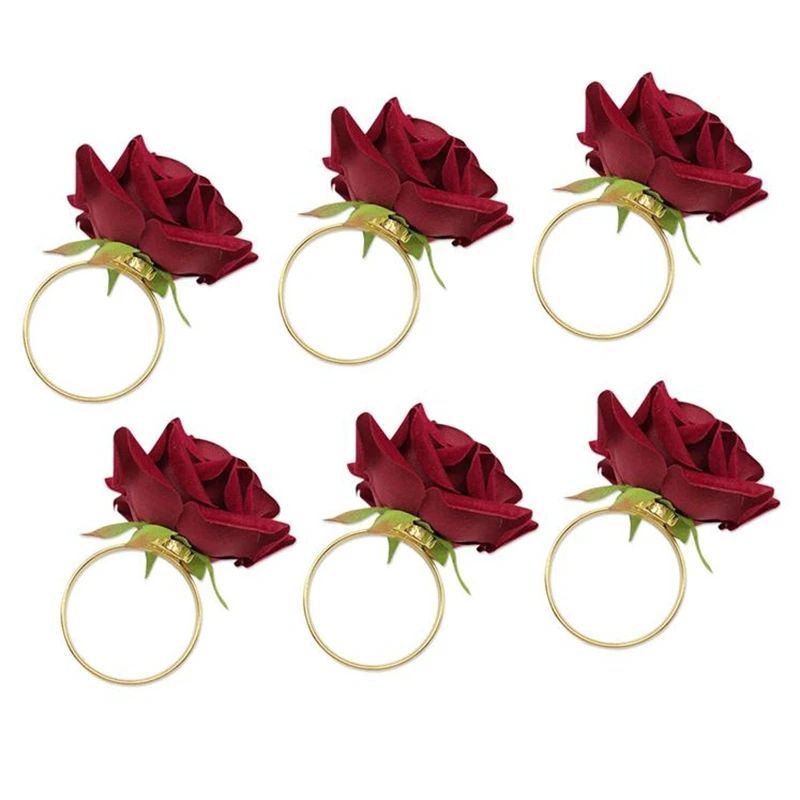 

6Pcs/Lot Romantic Rose Napkin Rings Alloy Napkin Buckle Holder For Wedding Receptions Gifts Holiday Banquet Decoration