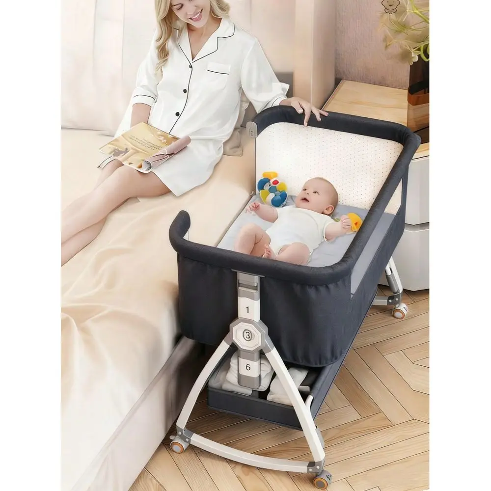 4In1 Crib Side Bassinet, Bedside Crib, Baby Bassinet With Storage Basket And Mosquito Net, Easy To Fold Bedside Adjustable Heig